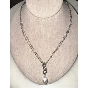 Silpada 925 Sterling Silver Double Chain Drop Necklace Pearl Pendant Toggle